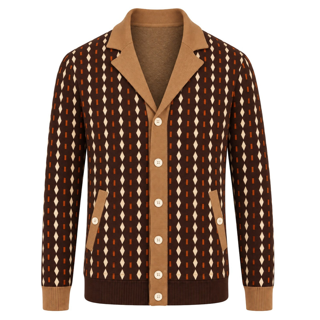 Cardigan de Malha Jacquard Clássico aos Quadrados Vintage Castanho para Homem
