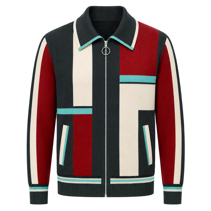 Men's 60s Mod Geometric Color Block Pocket Polo Knit Cardigan