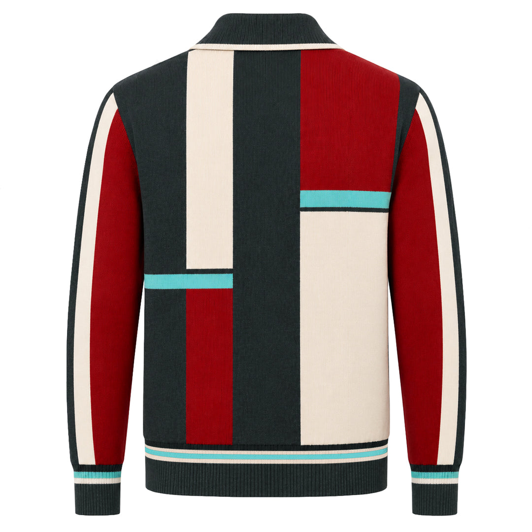 Men's 60s Mod Geometric Color Block Pocket Polo Knit Cardigan