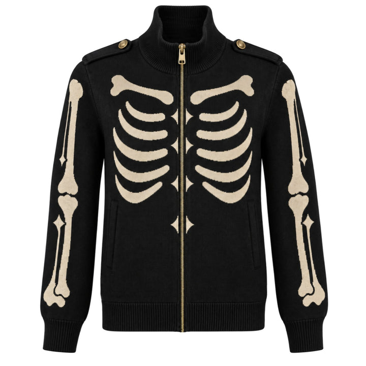 Cardigan da uomo nero con teschio punk, tasche, collo alto e zip