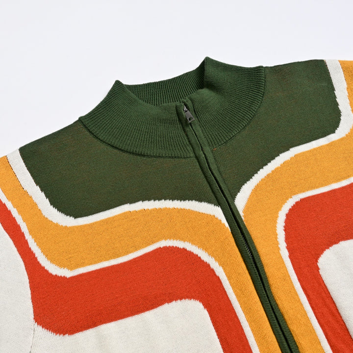 Cardigan da uomo beige anni '70 stile racing sportivo con tasche e zip