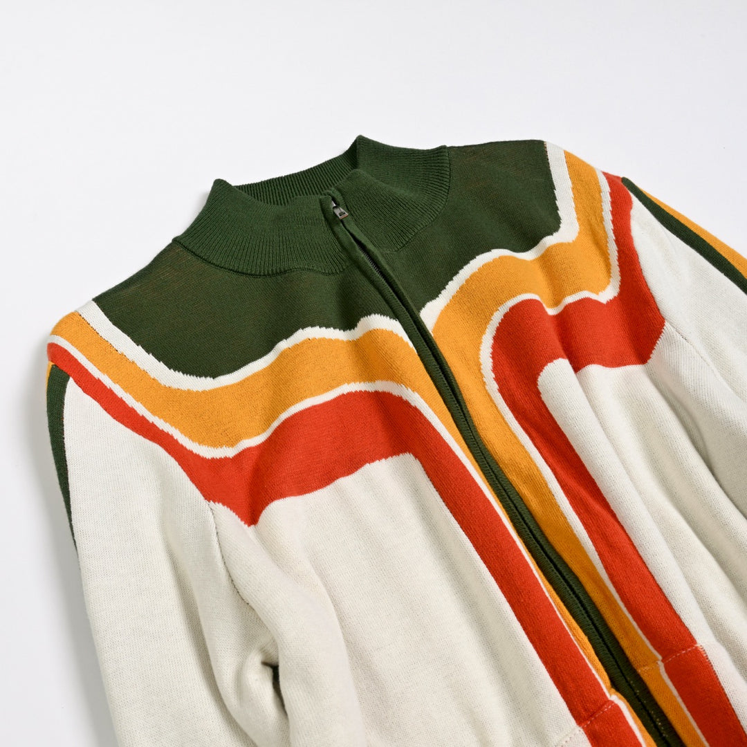 Cardigan da uomo beige anni '70 stile racing sportivo con tasche e zip
