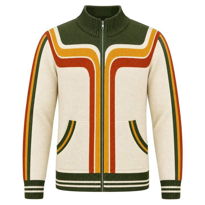 Men's Beige 70s Vintage Racing Sport Pocket Zip-Up Knit Cardigan