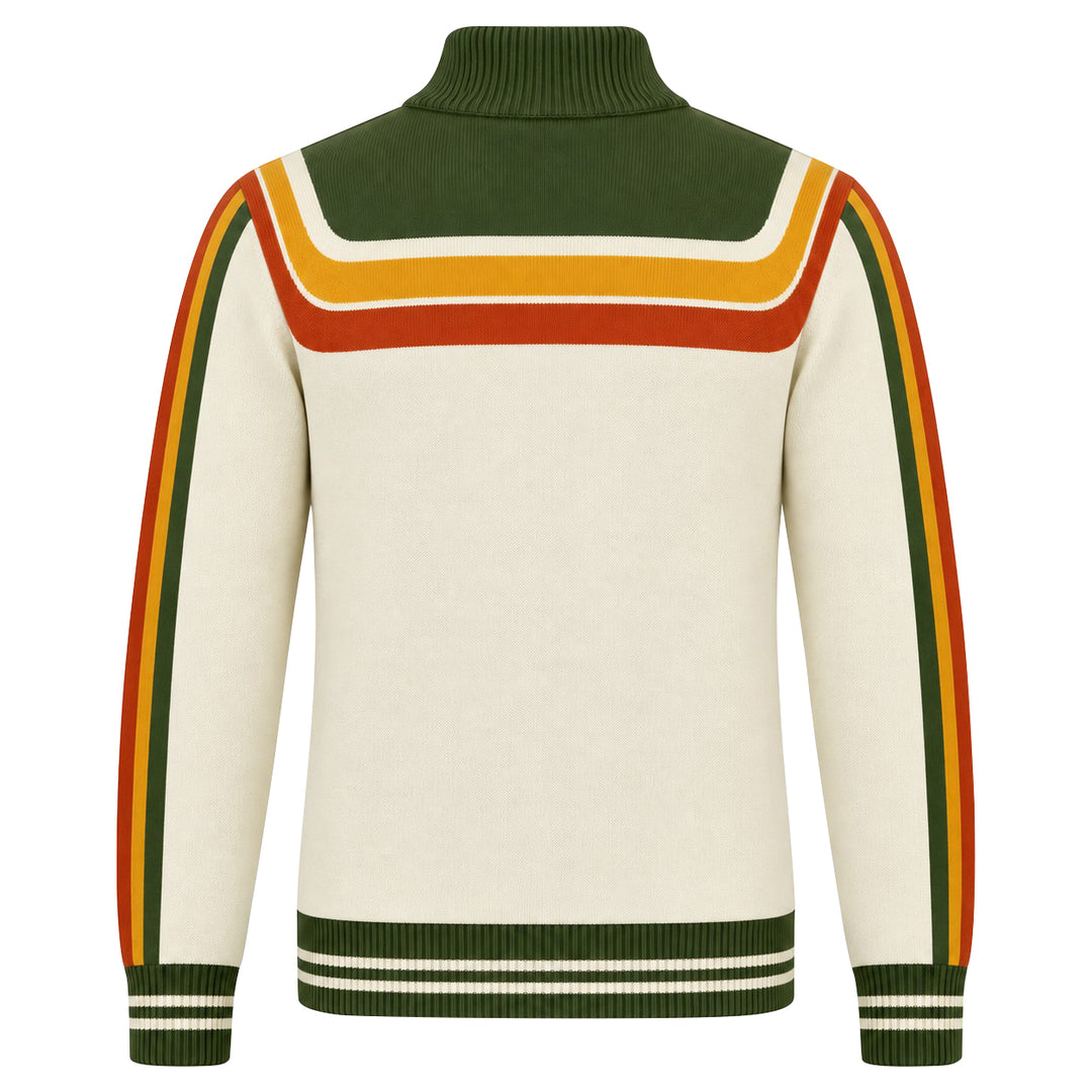 Men's Beige 70s Vintage Racing Sport Pocket Zip-Up Knit Cardigan