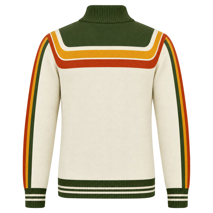Men's Beige 70s Vintage Racing Sport Pocket Zip-Up Knit Cardigan