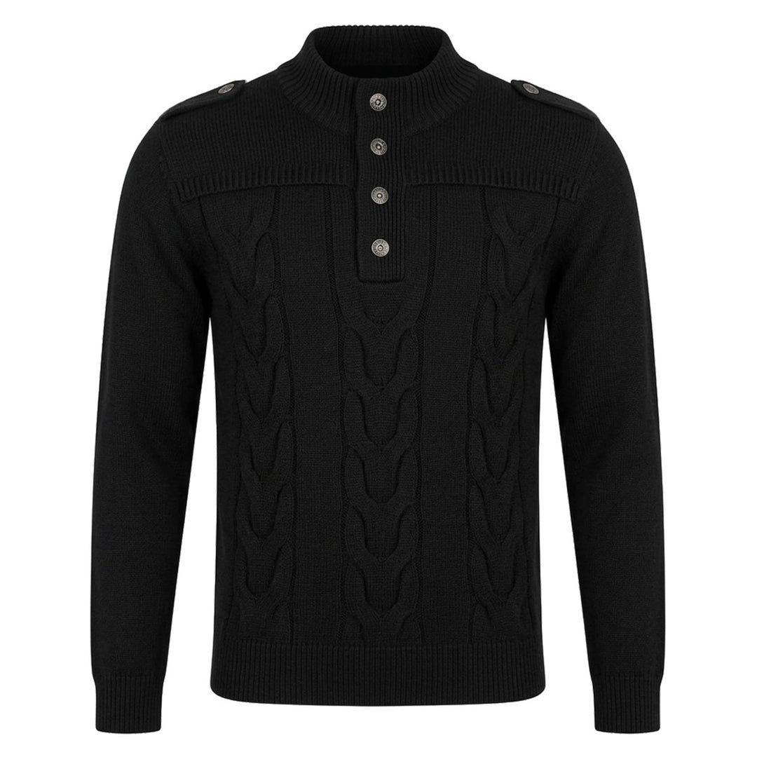 Men's Black Vintage Military Cable Knit Mock Neck Sweater