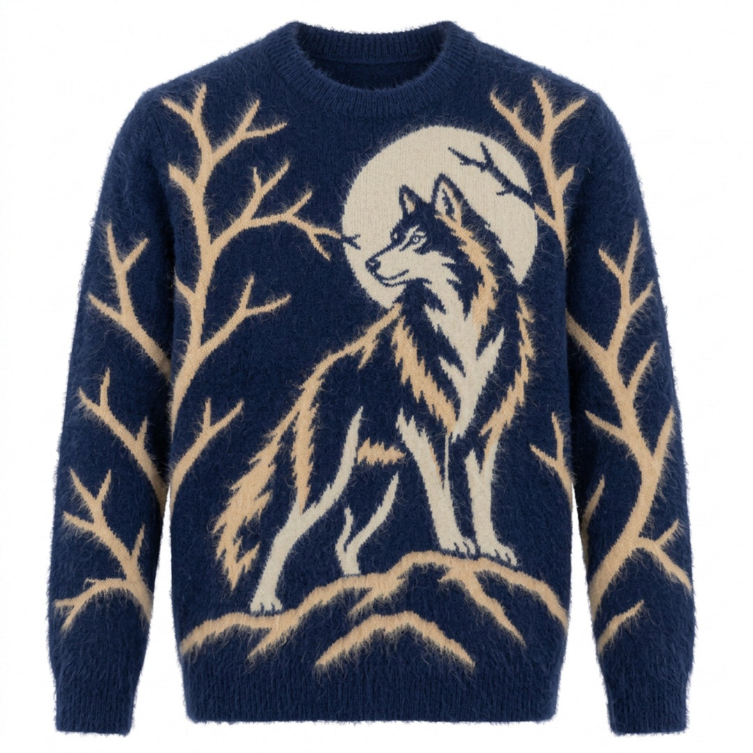 Ropa de punto de felpa jacquard vintage de perro azul para hombre