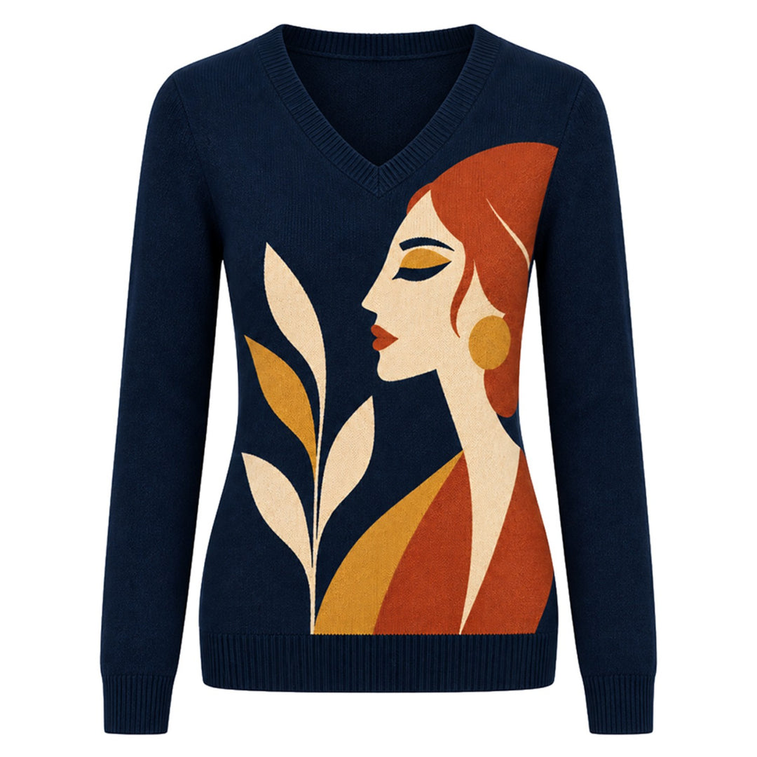 Women's Blue 70s Artistic Portrait Jacquard Knit Sweater