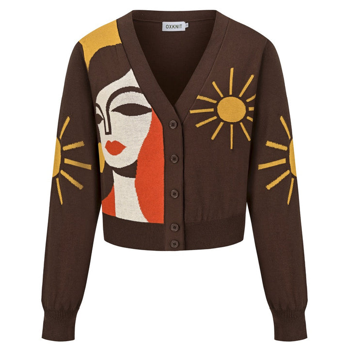 Cardigan en maille à portrait artistique des années 70 pour femme - Longueur courte