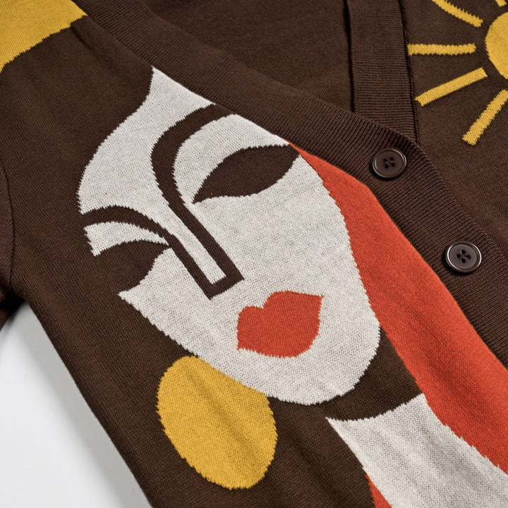 Cardigan en maille à portrait artistique des années 70 pour femme - Longueur courte