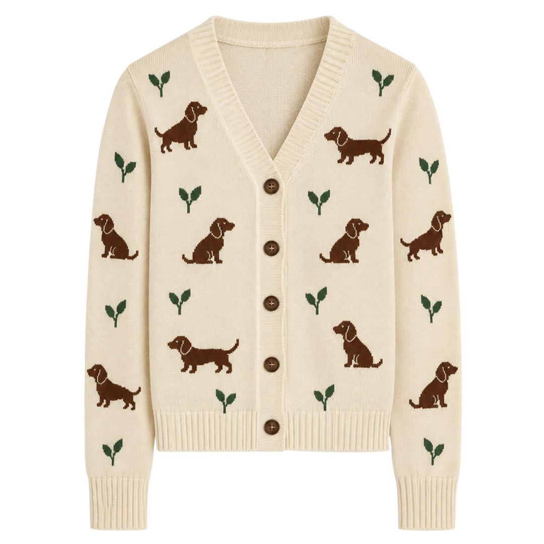 Women's Apricot Vintage Countryside Animal Jacquard V-Neck Knit Cardigan
