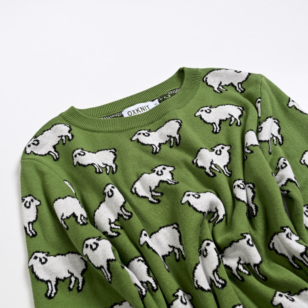 Dame Grøn 70'er Vintage Fantasifuld Landlig Dyre Jacquardstrikket Sweater
