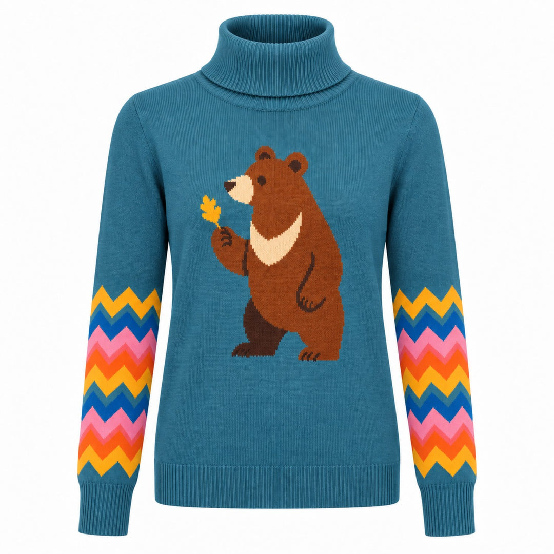 Women's Blue Vintage Forest Animal Jacquard Turtleneck Knit Sweater