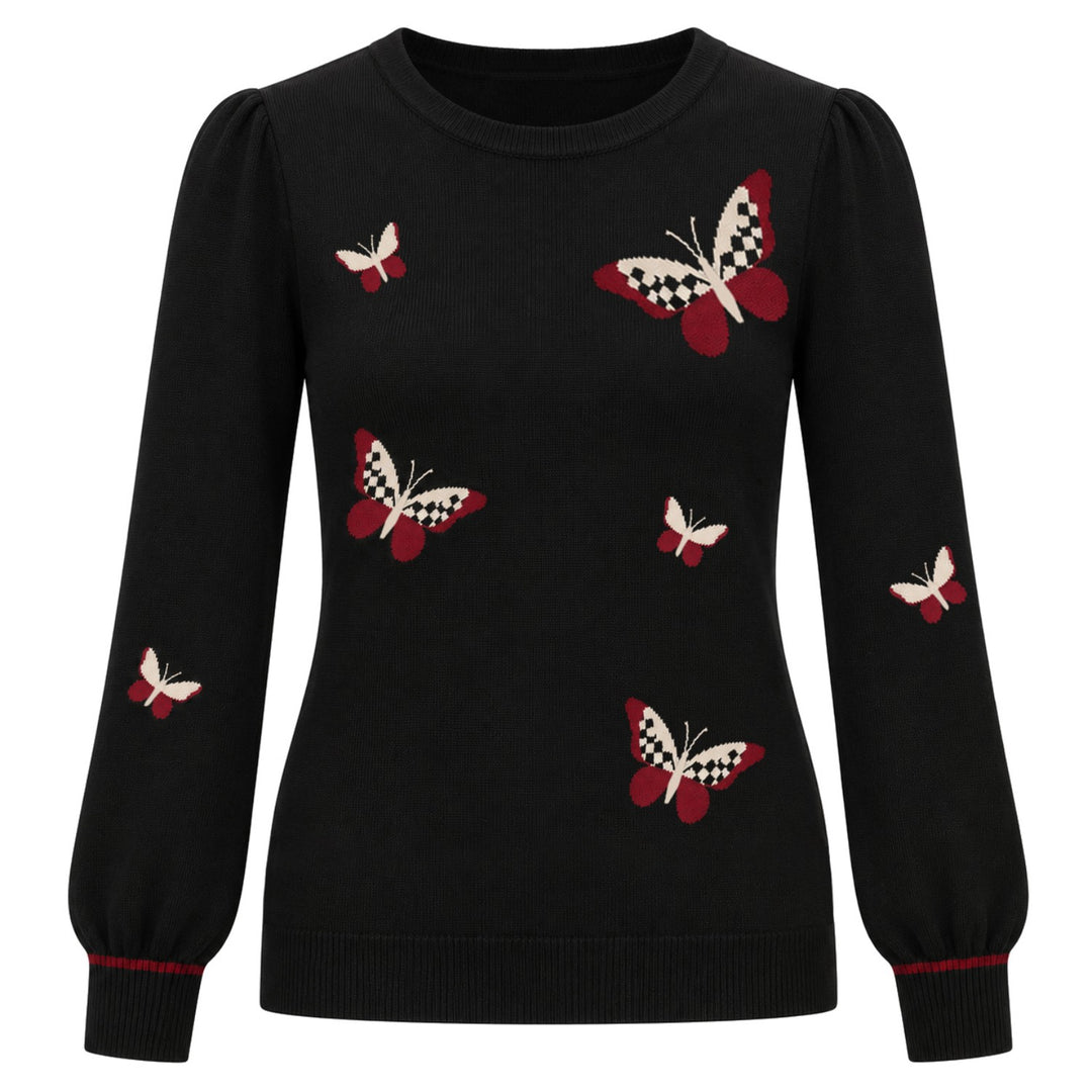 Women's Black Vintage Dark Romantic Butterfly Jacquard Knit Sweater