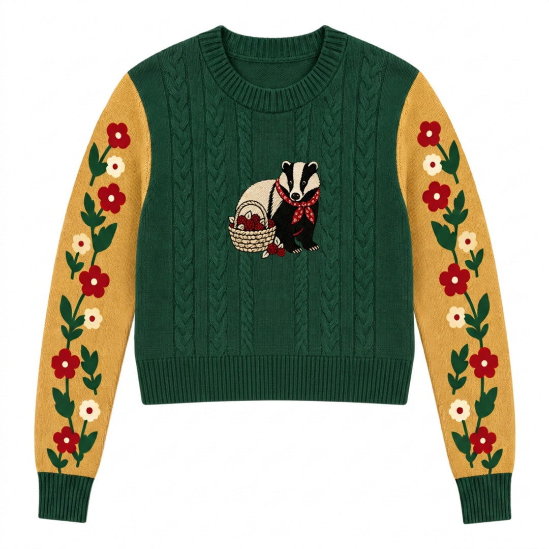 Women's Green Vintage Countryside Forest Animal Embroidered Knit Sweater - Cropped Length