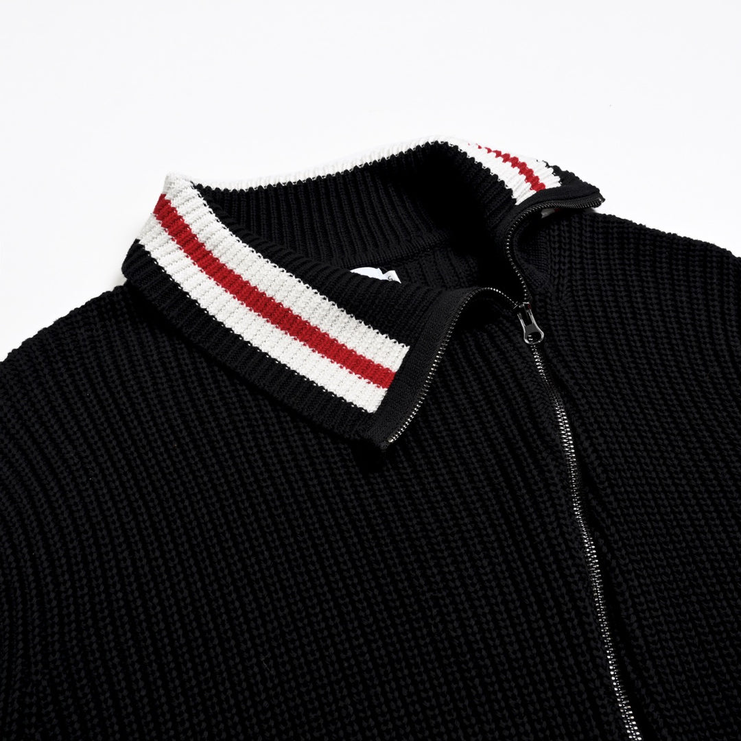 Herre svart asymmetrisk glidelås jacquard strikket cardigan med sjalkrage