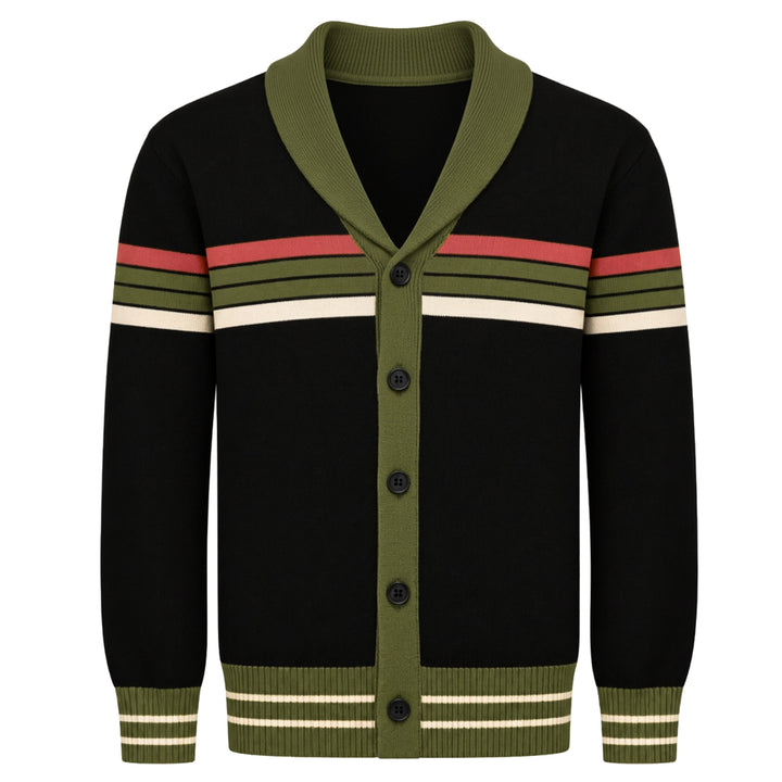 Herre Sort 70'er Mod Collegiate Jacquard Strikket Cardigan