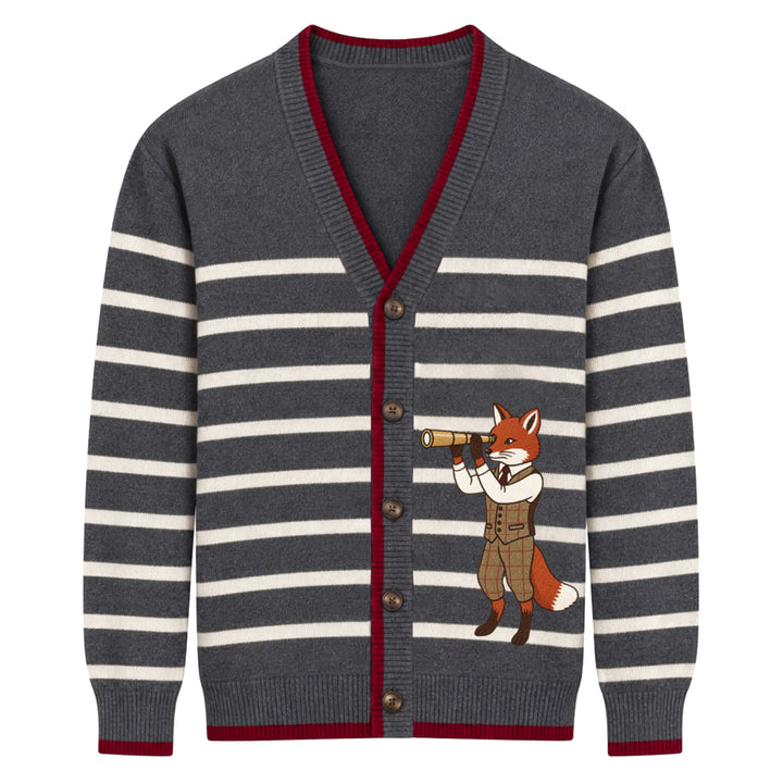 Men's Gray Vintage British Striped Fox Embroidered Knit Cardigan