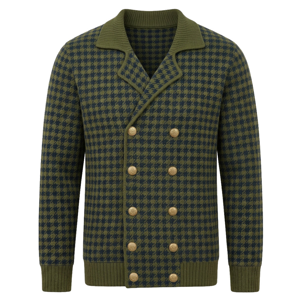 Men's Green British Vintage Gentleman-Style Collared Knit Cardigan