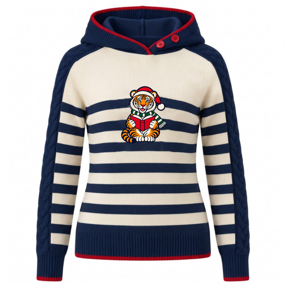 Women's retro knitted tiger-embroidered academic-style hooded sweater