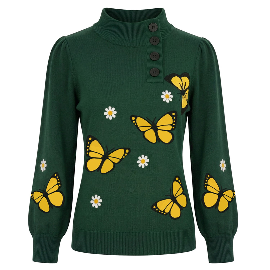 Dame Vintage Grøn Planet Kaktus Broderi Strikket Cardigan