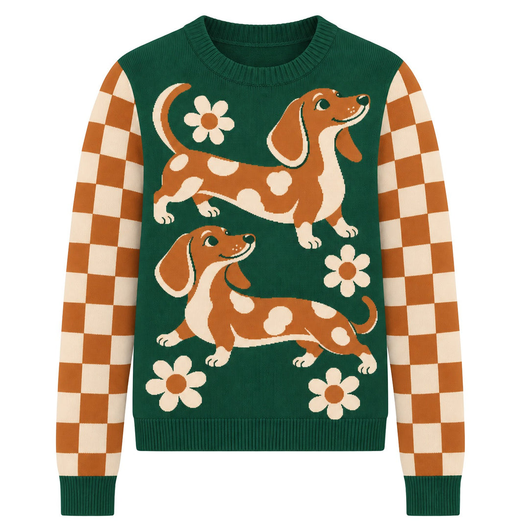 Women's Green Fun Dachshund Checkerboard Sleeve Jacquard Knit Sweater
