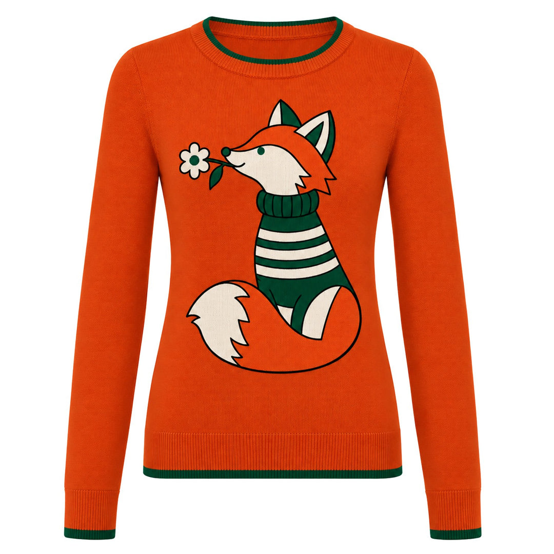 Women's Orange Fox Jacquard Vintage Knit Top
