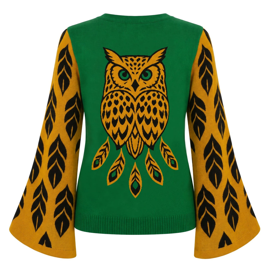 Women's Green 70s Psychedelic Owl Jacquard Knit Cardigan