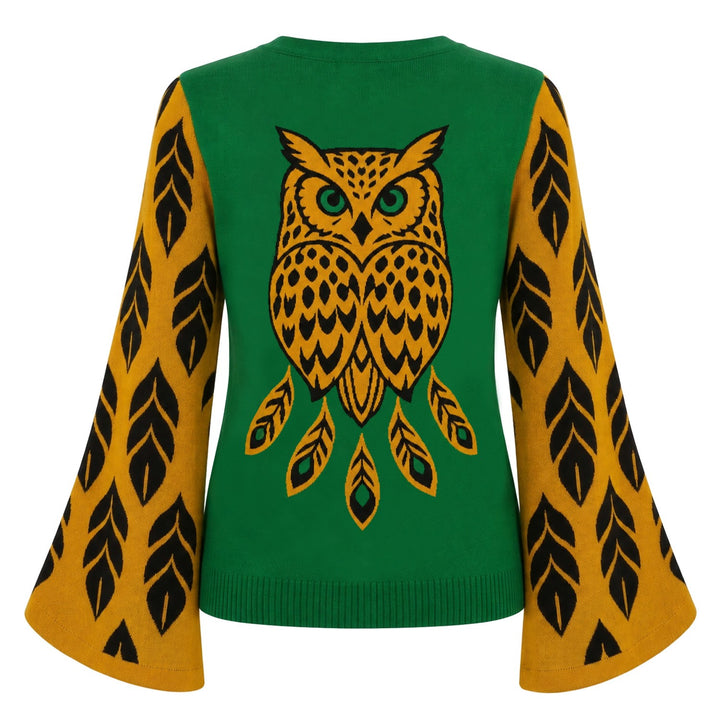 Women's Green 70s Psychedelic Owl Jacquard Knit Cardigan