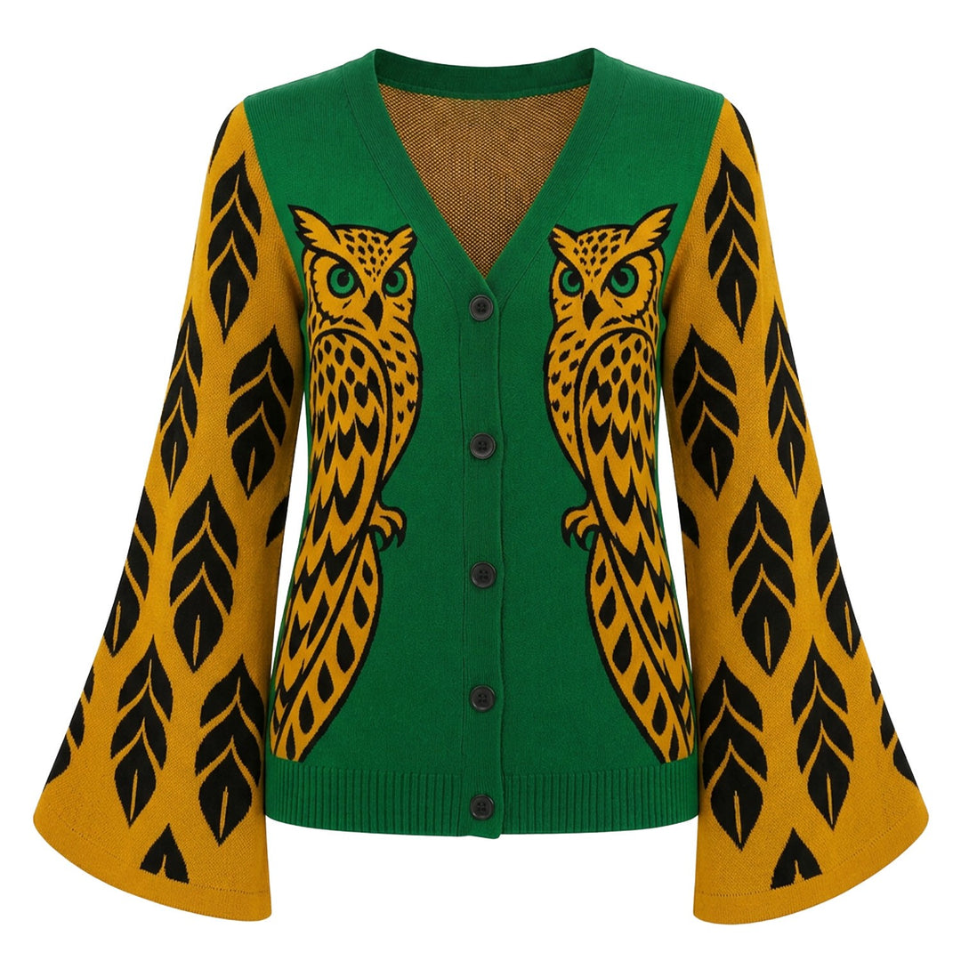 Women's Green 70s Psychedelic Owl Jacquard Knit Cardigan