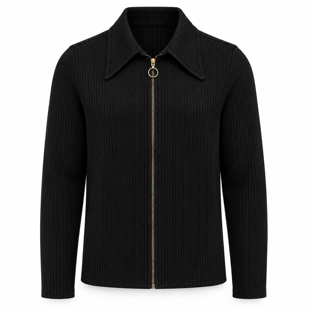 Men's Black Vintage Minimalist Polo Collar Zip-Up Knit Cardigan