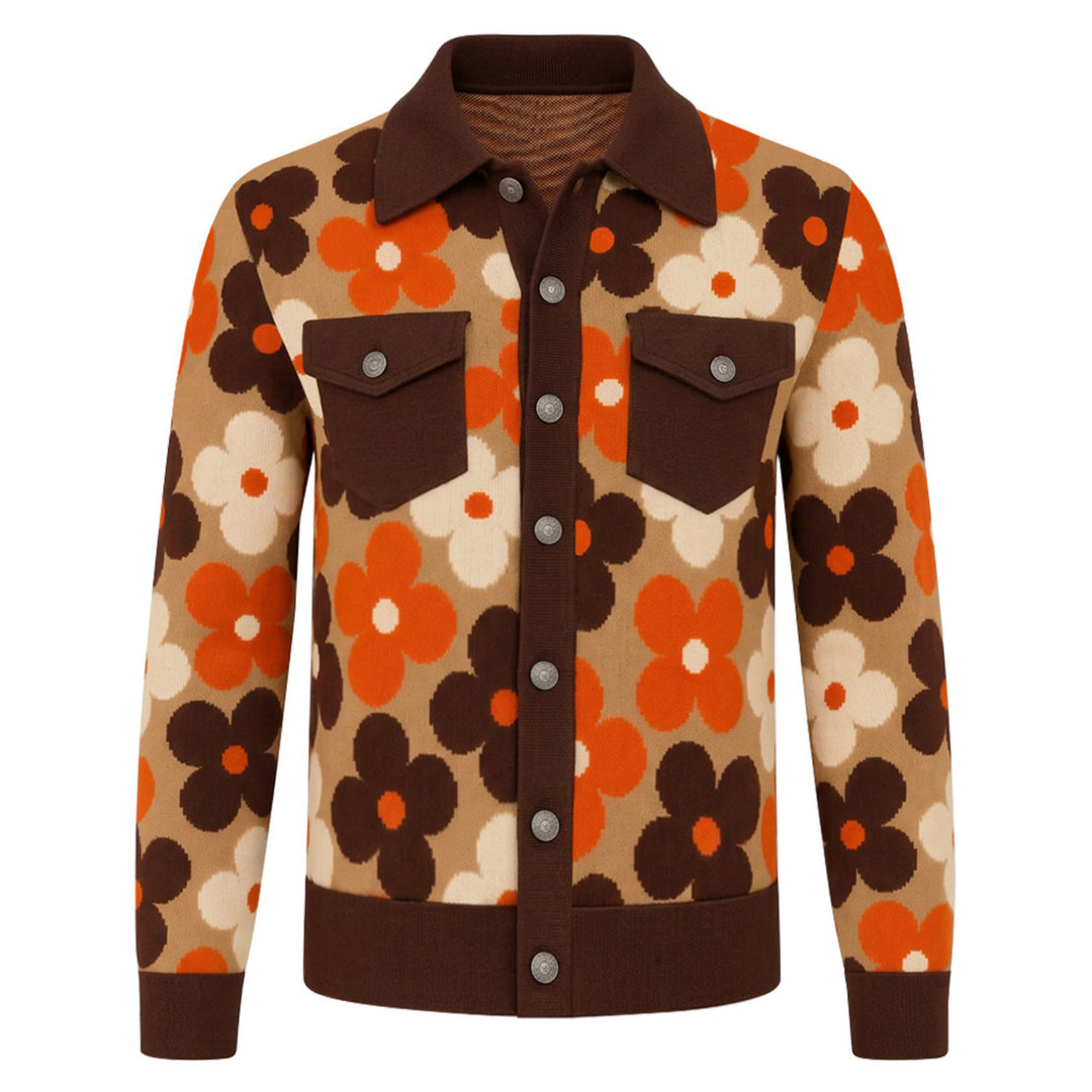 Cardigan en maille jacquard à carreaux classique vintage marron pour homme