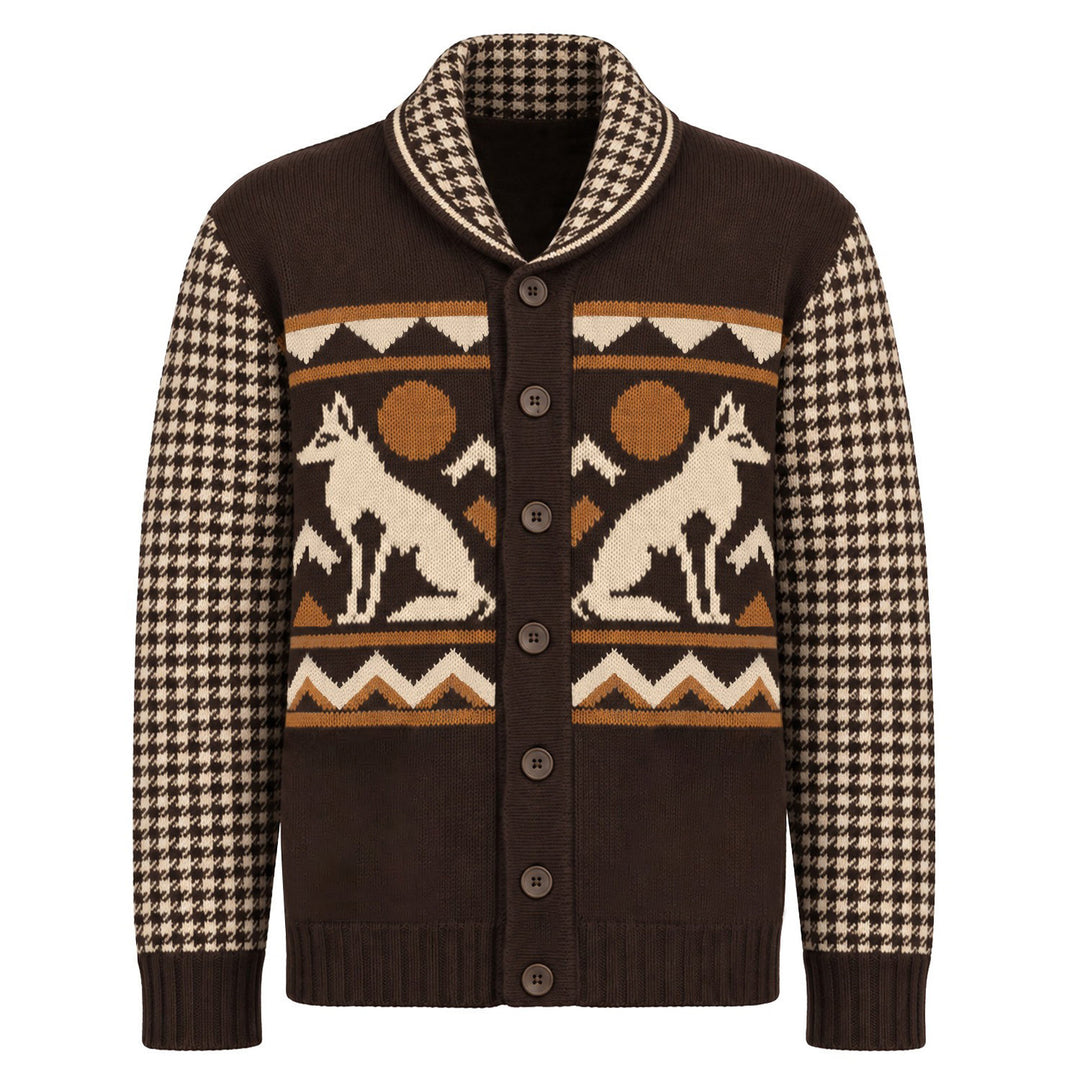 Men's Brown Vintage Nature & Houndstooth Jacquard Knit Collared Cardigan