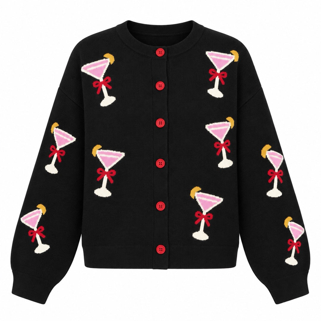 Women's Black Retro Playful Cocktail Jacquard Drop Shoulder Knit Cardigan