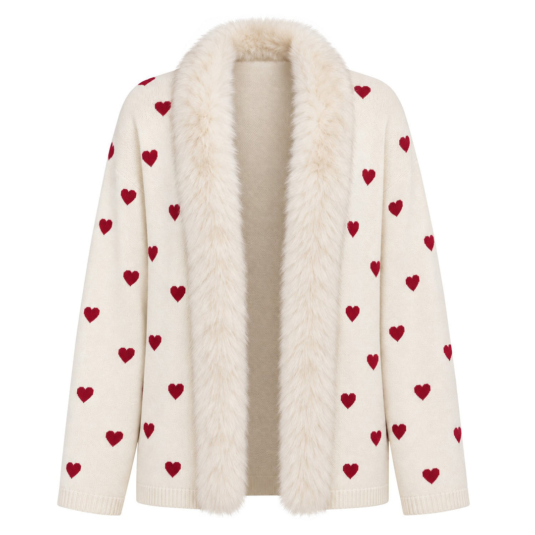Women's Apricot Sweet Heart Jacquard Knit Cardigan with Plush Collar