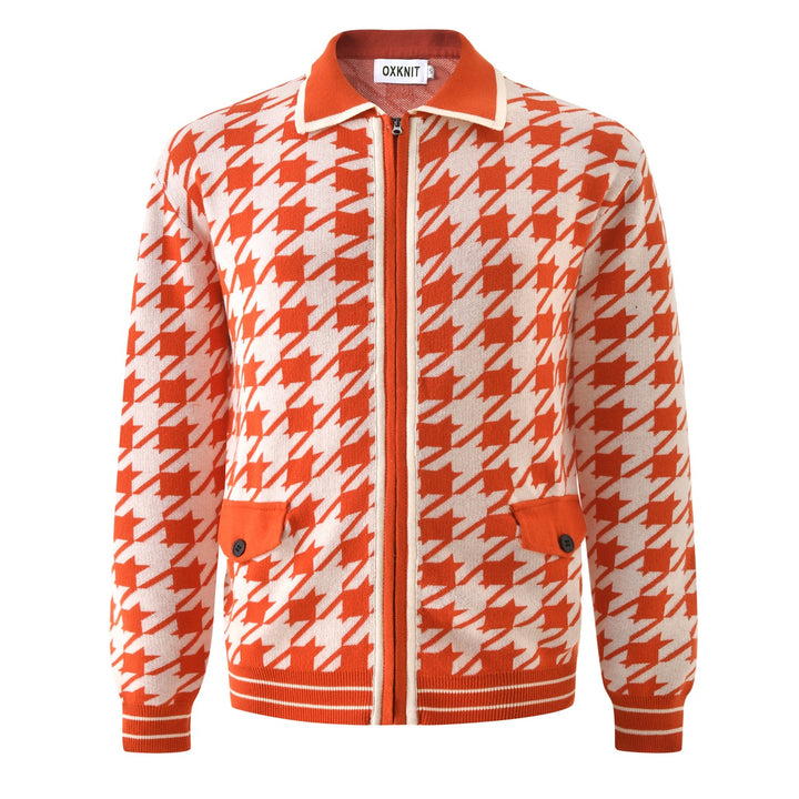 Cardigan da uomo retrò arancione in maglia jacquard pied de poule