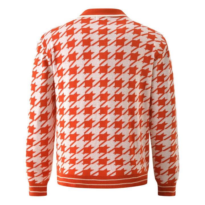 Cardigan da uomo retrò arancione in maglia jacquard pied de poule