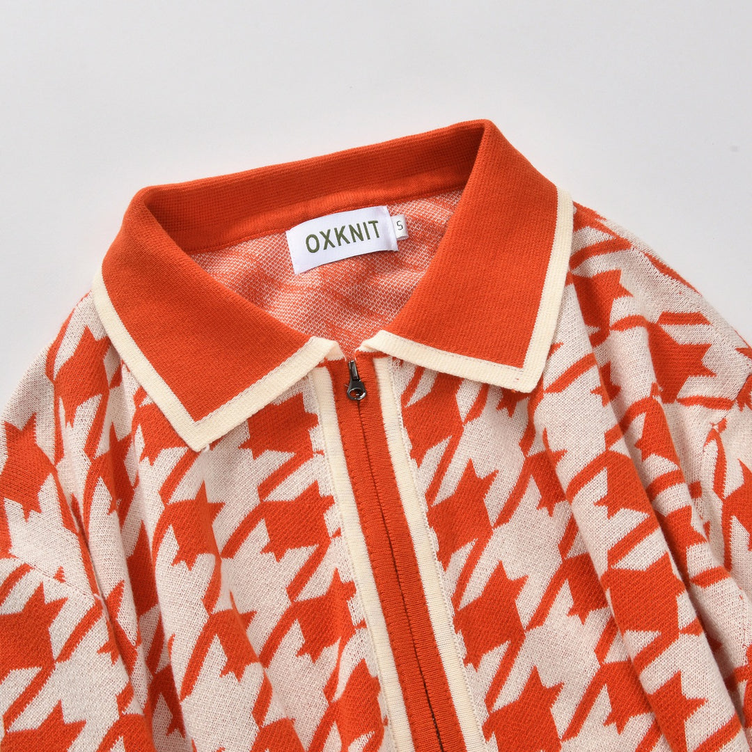 Cardigan da uomo retrò arancione in maglia jacquard pied de poule