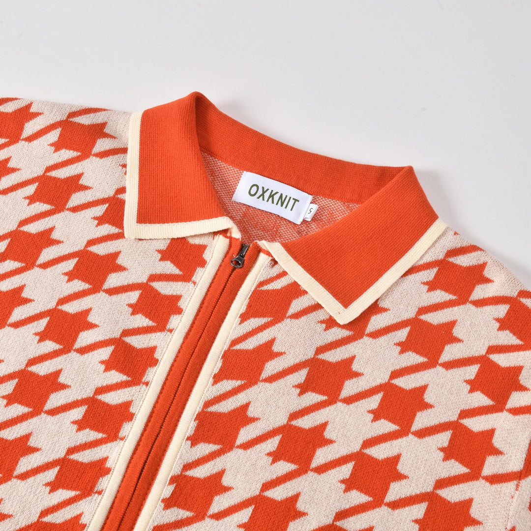 Cardigan da uomo retrò arancione in maglia jacquard pied de poule