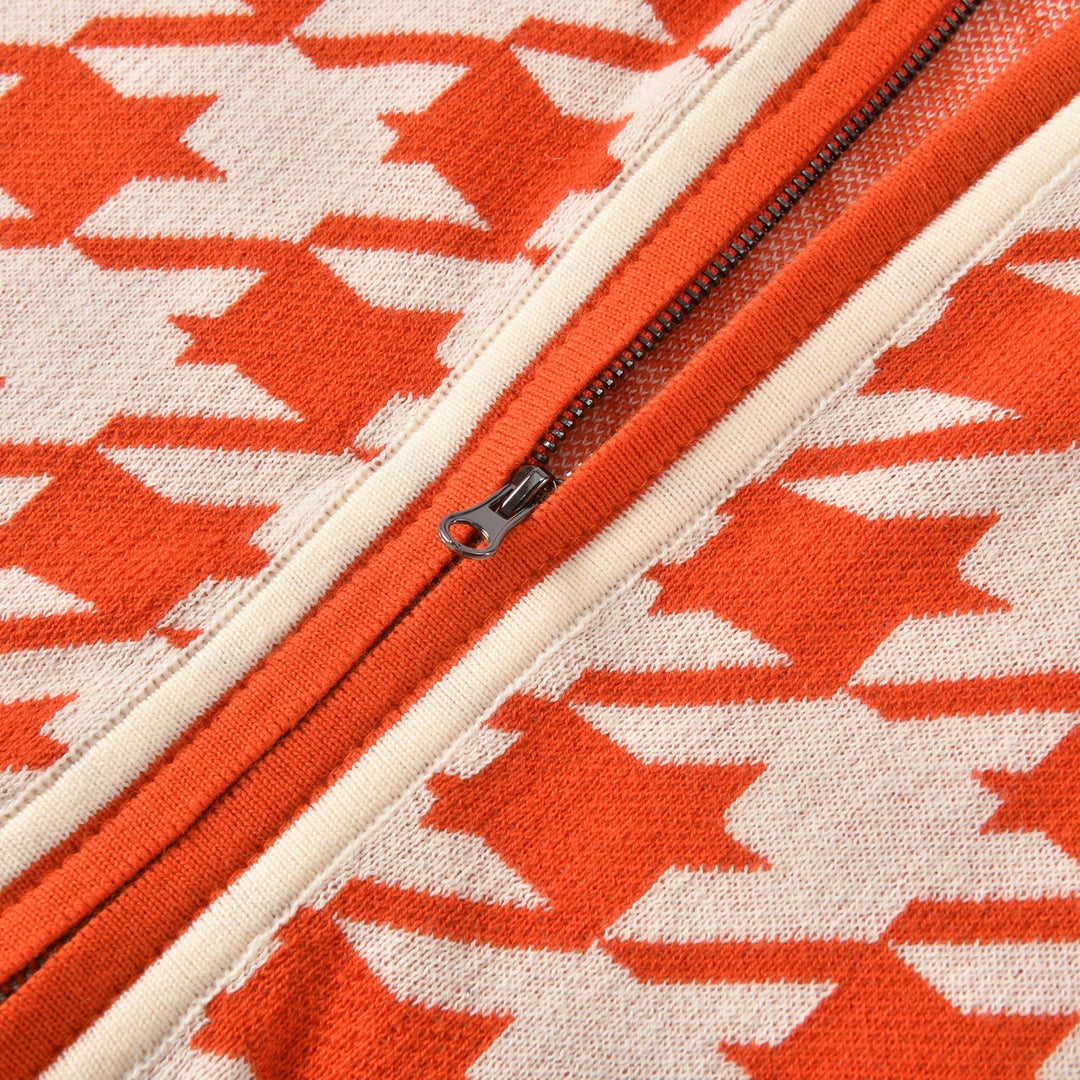 Cardigan da uomo retrò arancione in maglia jacquard pied de poule