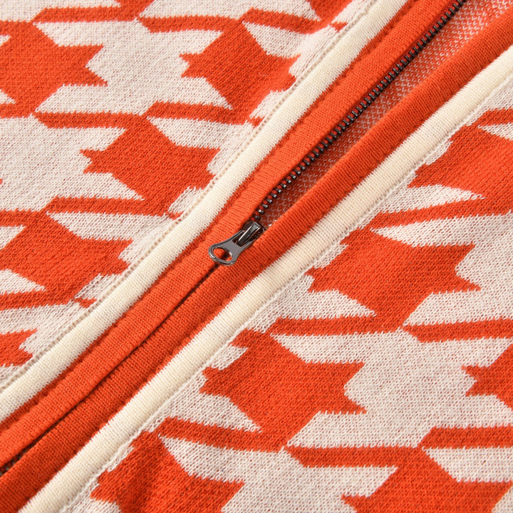 Cardigan da uomo retrò arancione in maglia jacquard pied de poule