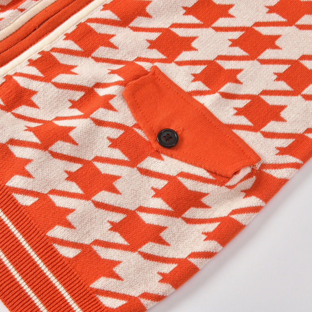Cardigan da uomo retrò arancione in maglia jacquard pied de poule