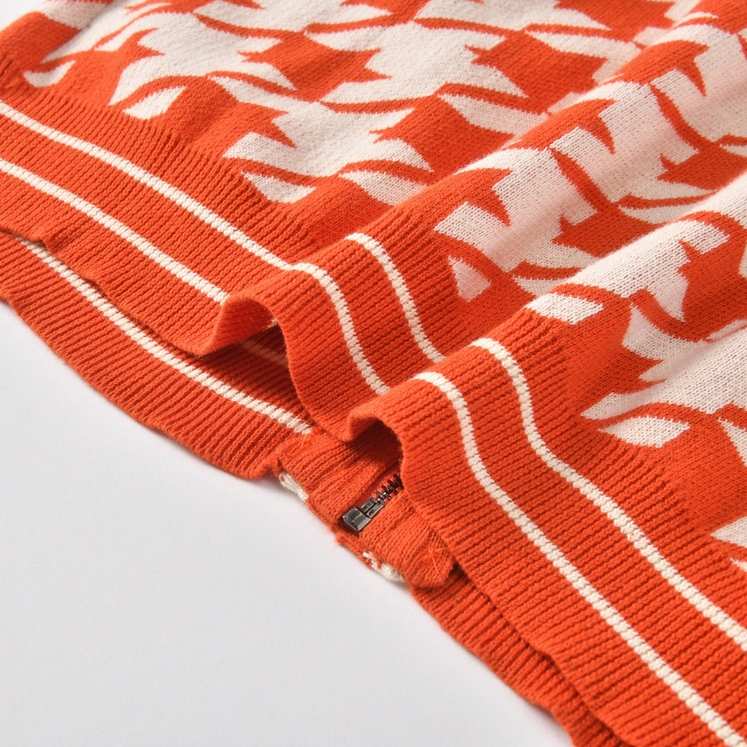 Cardigan da uomo retrò arancione in maglia jacquard pied de poule