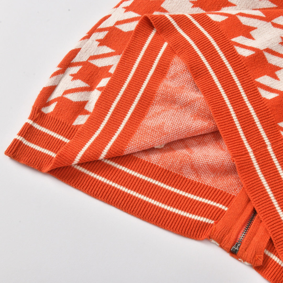 Cardigan da uomo retrò arancione in maglia jacquard pied de poule
