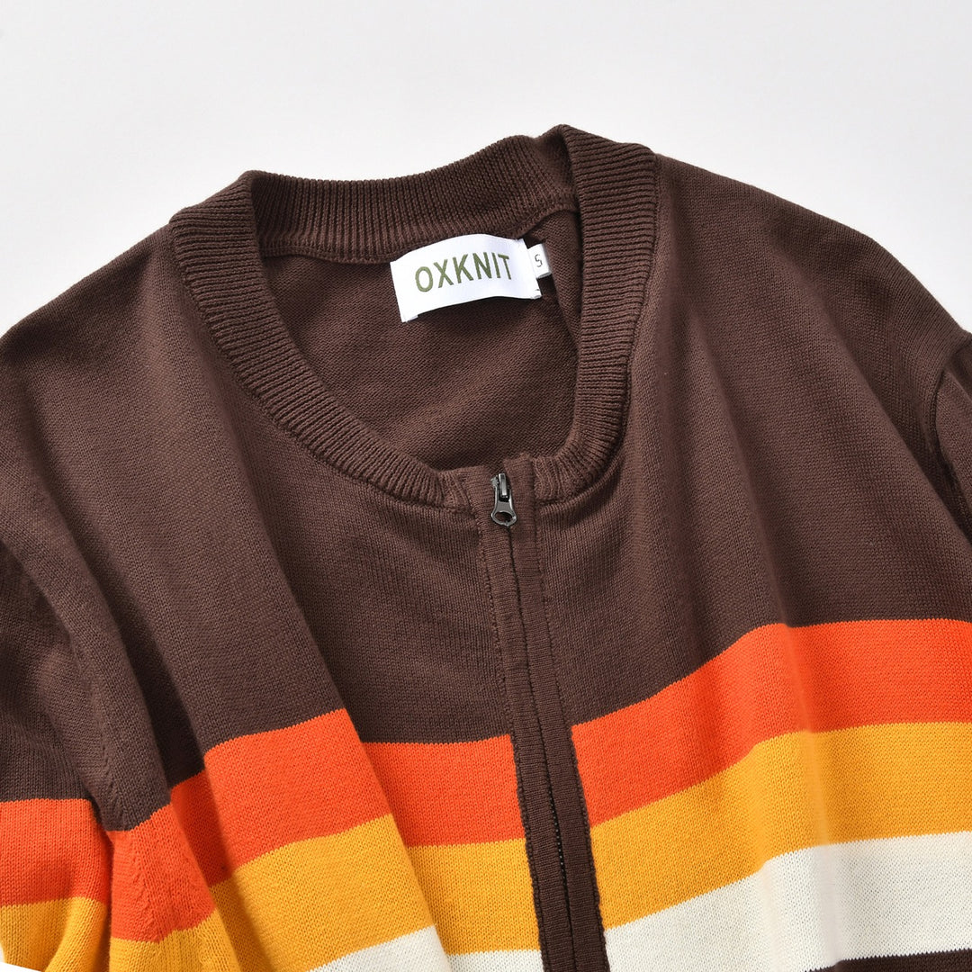 Men's Vintage Brown Classic Striped Jacquard Knit Cardigan