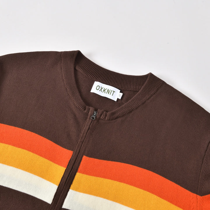 Men's Vintage Brown Classic Striped Jacquard Knit Cardigan