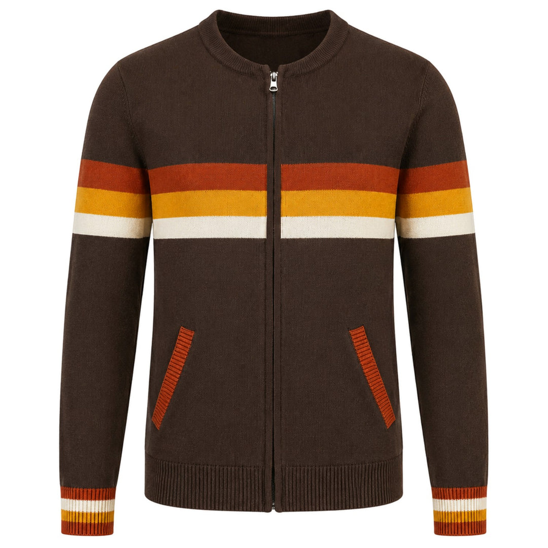 Men's Vintage Brown Classic Striped Jacquard Knit Cardigan