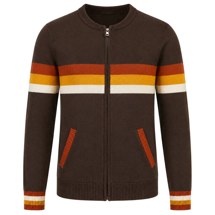 Men's Vintage Brown Classic Striped Jacquard Knit Cardigan