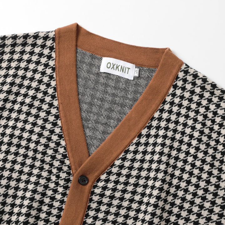 Men's Retro Black Houndstooth Classic Jacquard Knit Cardigan