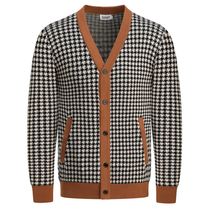 Men's Retro Black Houndstooth Classic Jacquard Knit Cardigan